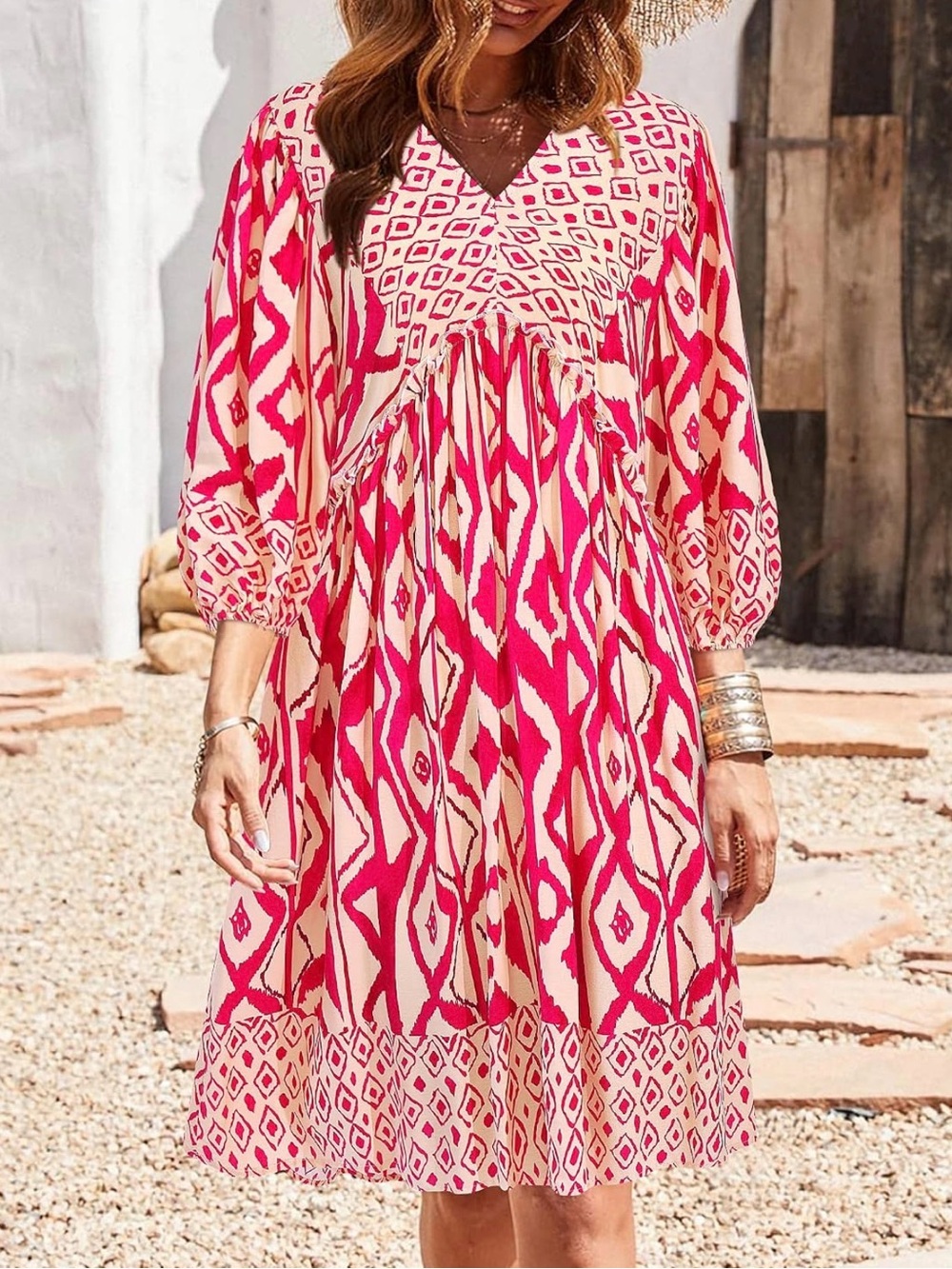 Boho V-Neck Pink Patterned Midi Dress